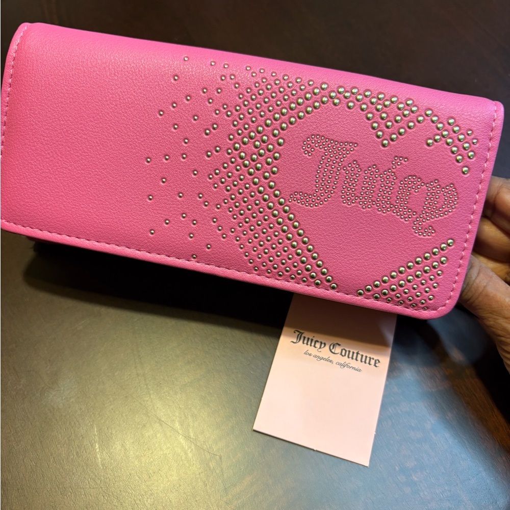 Juicy Couture Pink Logo Faux Leather Silver Studded Gold Hardware Flap Wallet